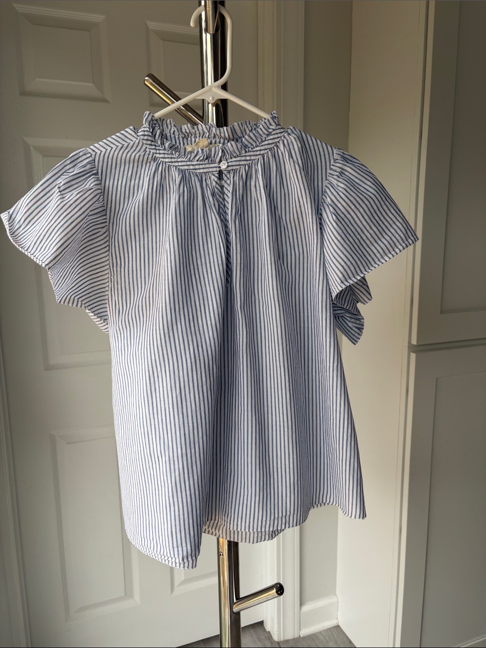 Women's Blue & White Striped Ruffle Neck Blouse, Size M.